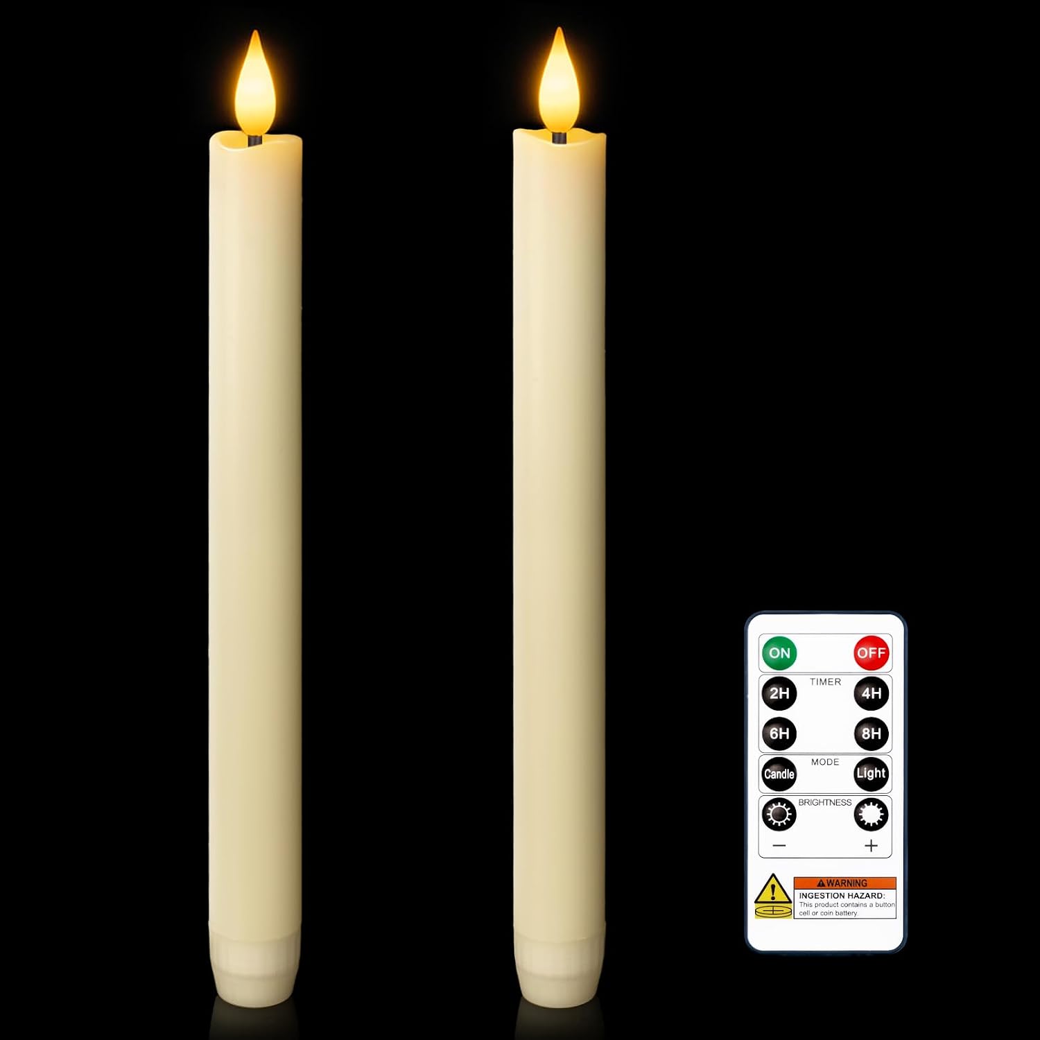 Homemory 2 Pcs Real Wax Made Flameless Taper Candles with Remote and Timer, 9.6 Ivory Battery Operated Candle Stick Flickering, Led Taper Candles with Lifelike Flame for Indoor Home Decor